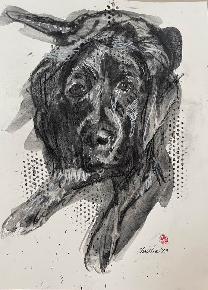 That’s right, it’s Dogust! This is Dutch, he’s related to my old nursing manager ( Joan isn’t old, but Dutch is getting up there) . Done in class today with #JoanMartin instructor. Liquid charcoal, charcoal and white Posca Pen. Check out one my favorite artist/teacher on&nbsp;YouTube.