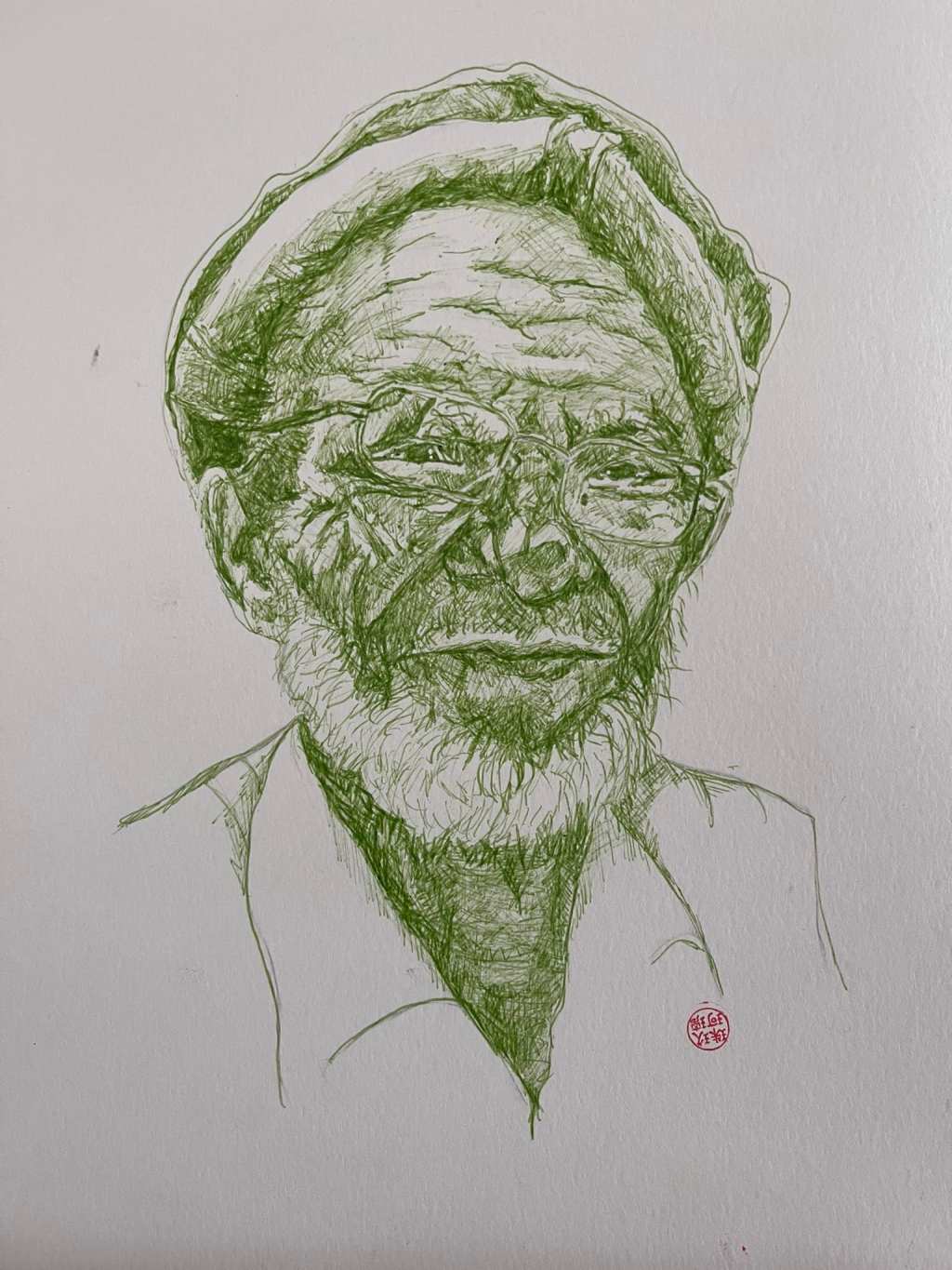 Yes, I had an art class today. Finished a study of wrinkles, green Bic&nbsp;pen.